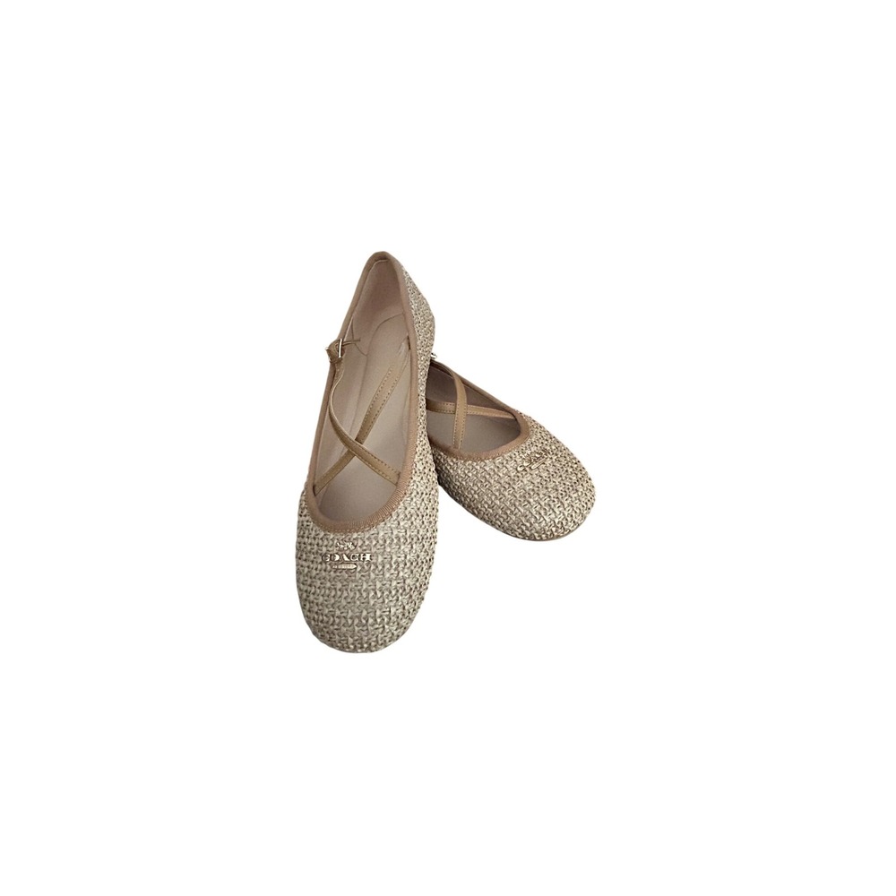 Coach PHOEBE Ballet Flats Beige Straw Crisscross Strap Shoes Gold Logo‎  Plaque